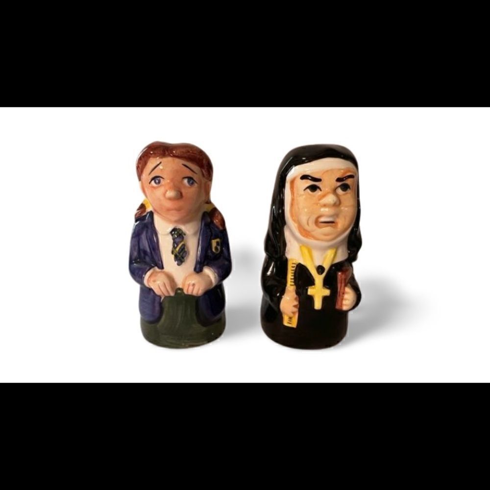 Nun & Schoolgirl Salt and Pepper Shakers-Ceramic- Plastic Plugs-Used on a TV